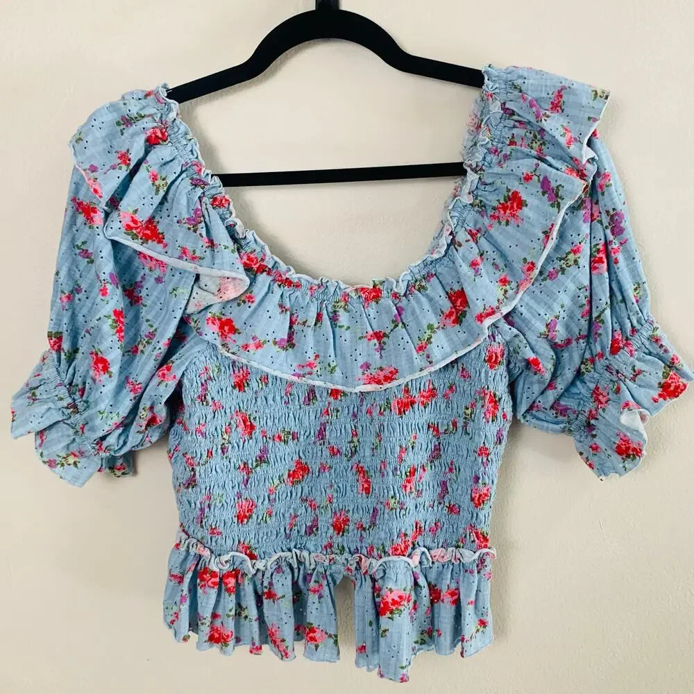 Free People S Floral Smocked Peasant Top Blue Ruffle Puff Sleeve Cottagecore
